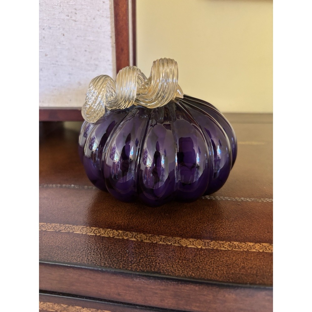 Vintage Murano Style Hand Blown Art Glass Dark Purple Pumpkin Curly Stem